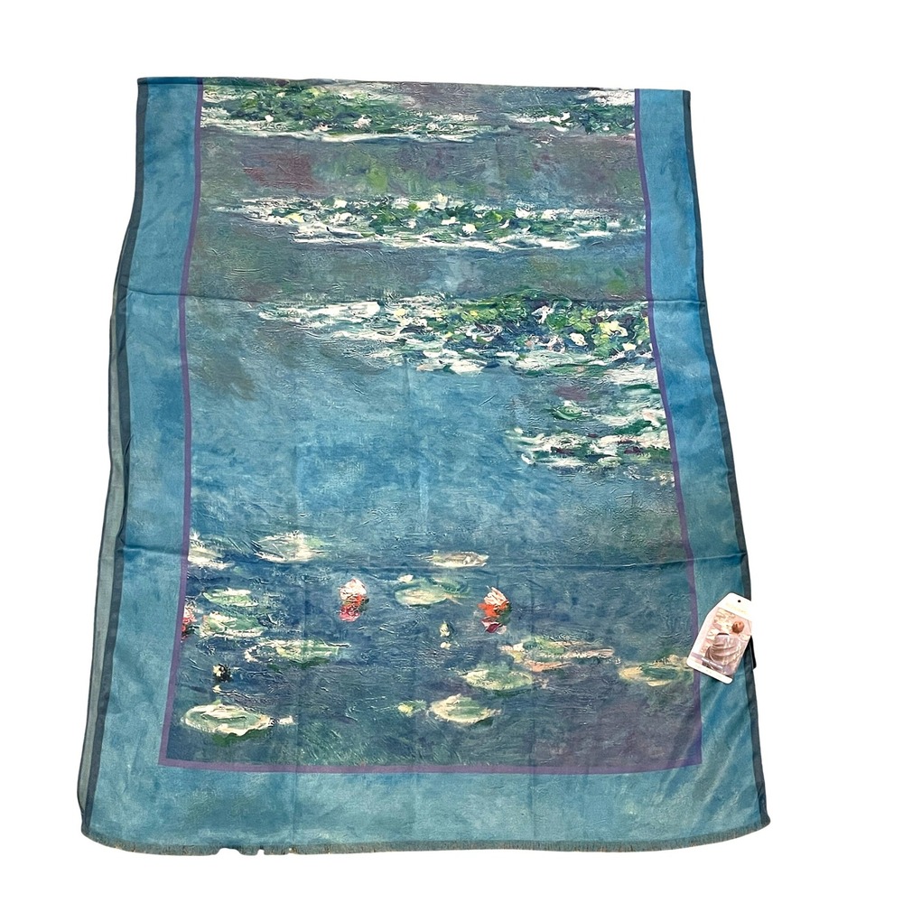 RainCaper Claude Monet Water Lilies Shawl Wrap Scarf Blue Silk Blend Art Scarf